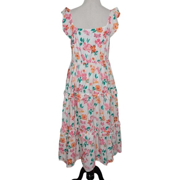 J Crew Factory Floral Midi Dress Womens Size Small White Flutter Sleeve Tiered - Picture 10 of 14